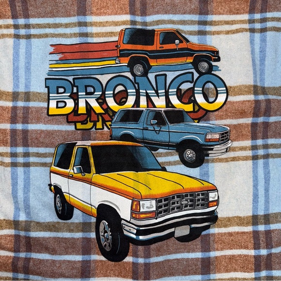 Ford Bronco Flannel Shirt Womens L Blue Plaid Button Up Shacket Official Retro - Picture 2 of 5